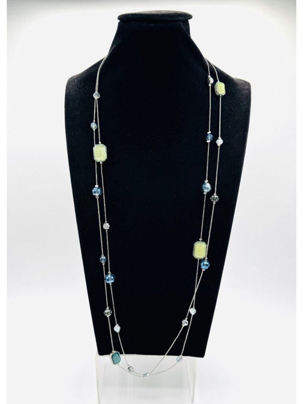 Chico's Double Strand Blue Green Station Beads Silver Tone Necklace